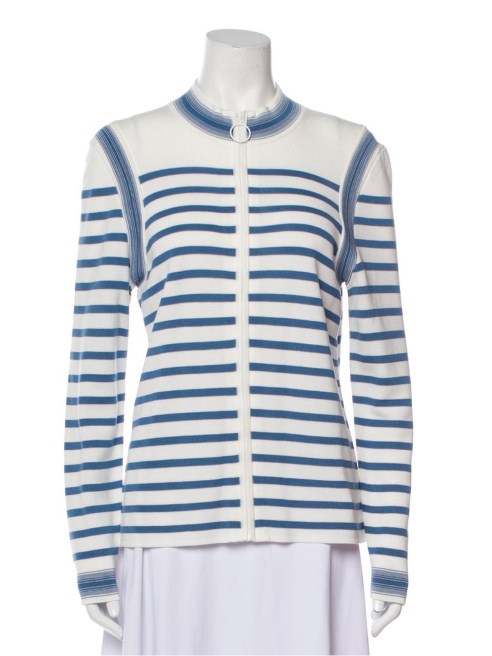 Akris Punto White and Blue Striped Zip Bomber Jacket